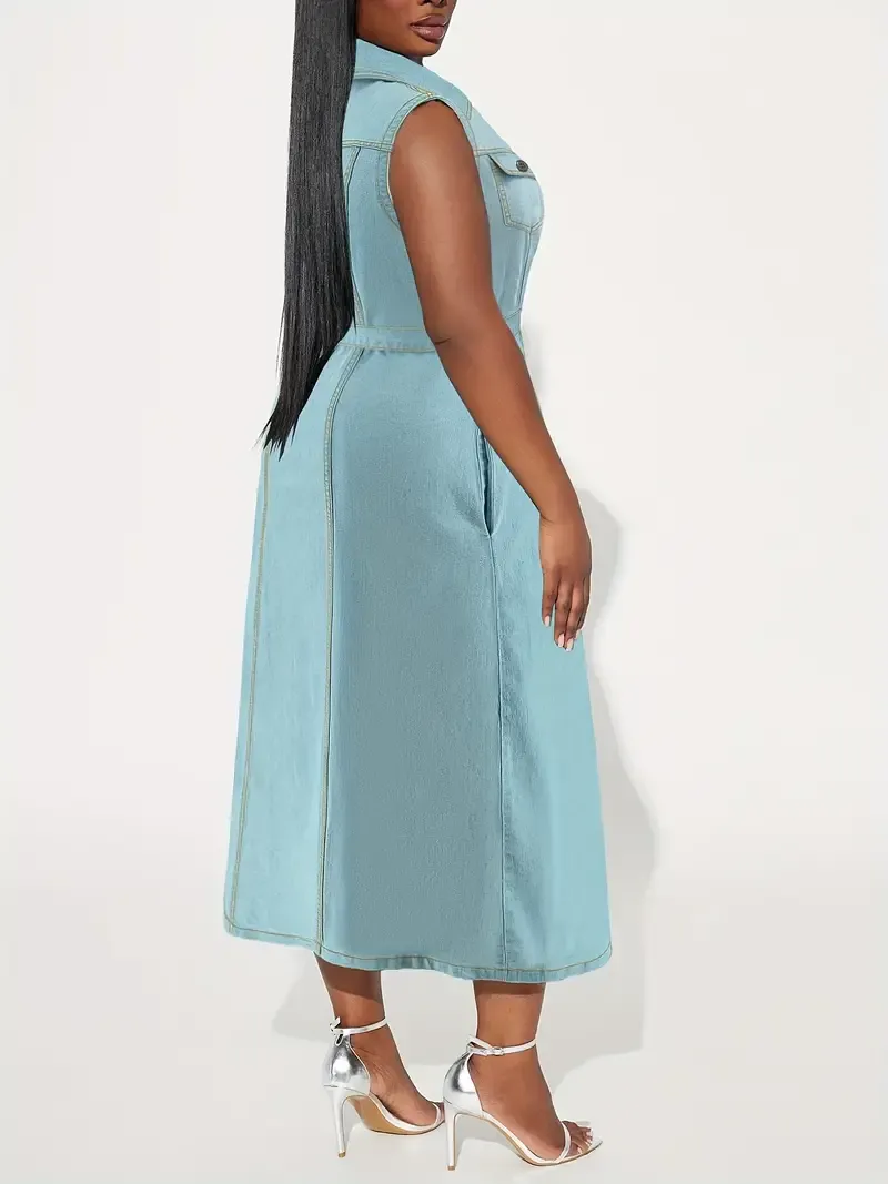 breasted Sleeveless Maxi Denim Dress