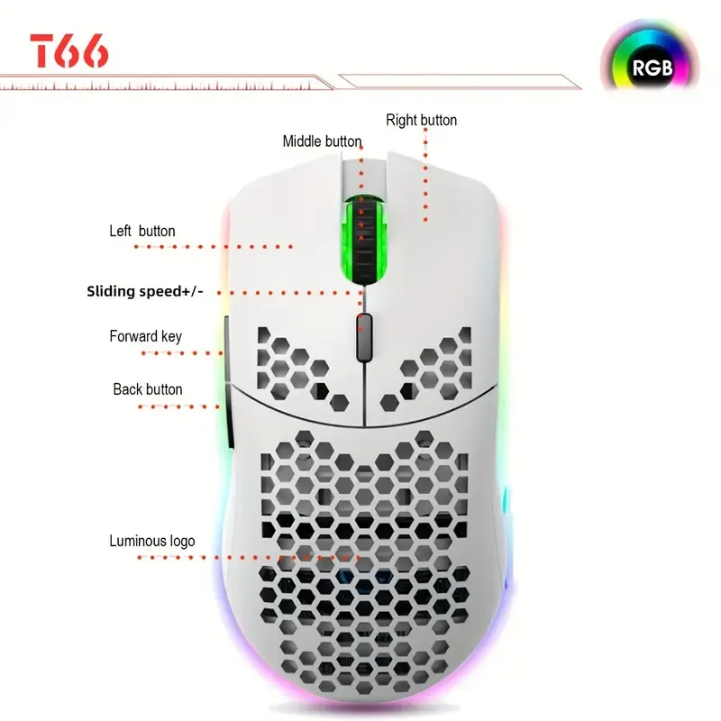 HXSJ Wireless Mouse, 2.4G Built-in, Rechargeable Battery, RGB Lighting Cellular Design, USB Plug