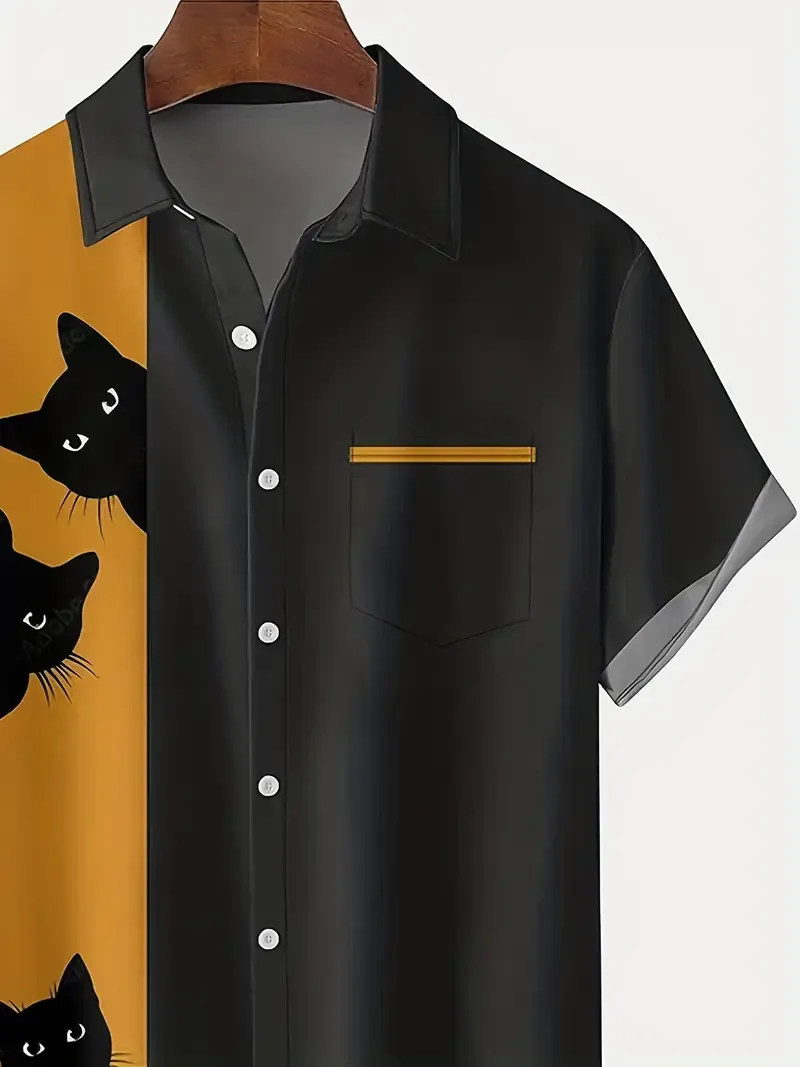Halloween Black Cats Print Color Block, Men's Summer Short Sleeve Lapel Shirt With Chest Pocket