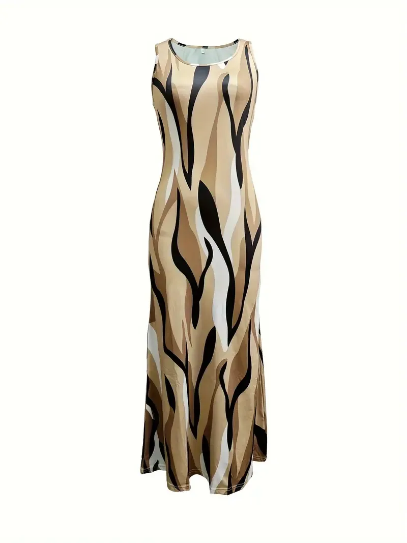 Patchwork Print Crew Neck Tank Dress, Casual Sleeveless Maxi Dress For Spring & Summer, Women's Clothing