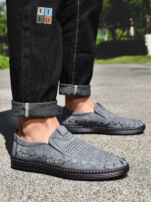 Hollow men's casual leather shoes, cowhide soles