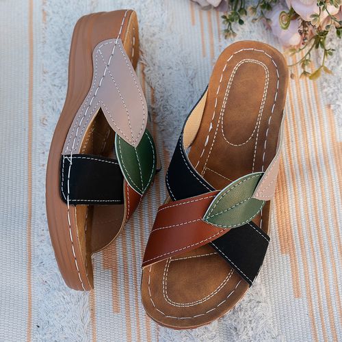 Summer Chic Womens Low Heel Colorblock Slide Sandals
