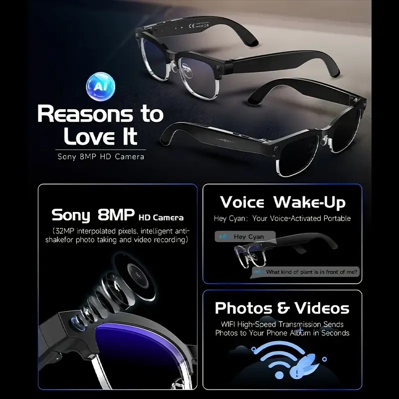 Smart Glasses with, Real-Time Translation & 1080P HD Camera - 8MP Ultra-Wide, Dual-Mic Noise Reduction, - ic, Compatible with Smartphones Tablets for Vlogging, Travel, Video Calls & Multi-Language