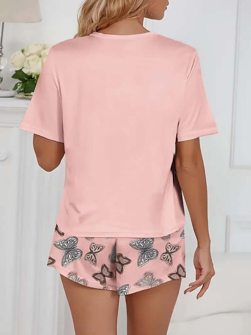 2pcs Set Women's Pajamas Shorts + Butterfly Pattern Top Home Clothes
