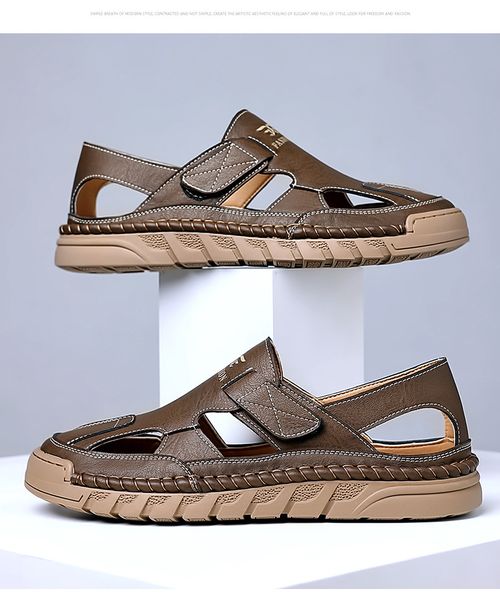 Summer Casual Men's Leather Shoes with Soft Soles Outdoor Wear with Perforated Design Versatile Fashionable Lightweight Sandals
