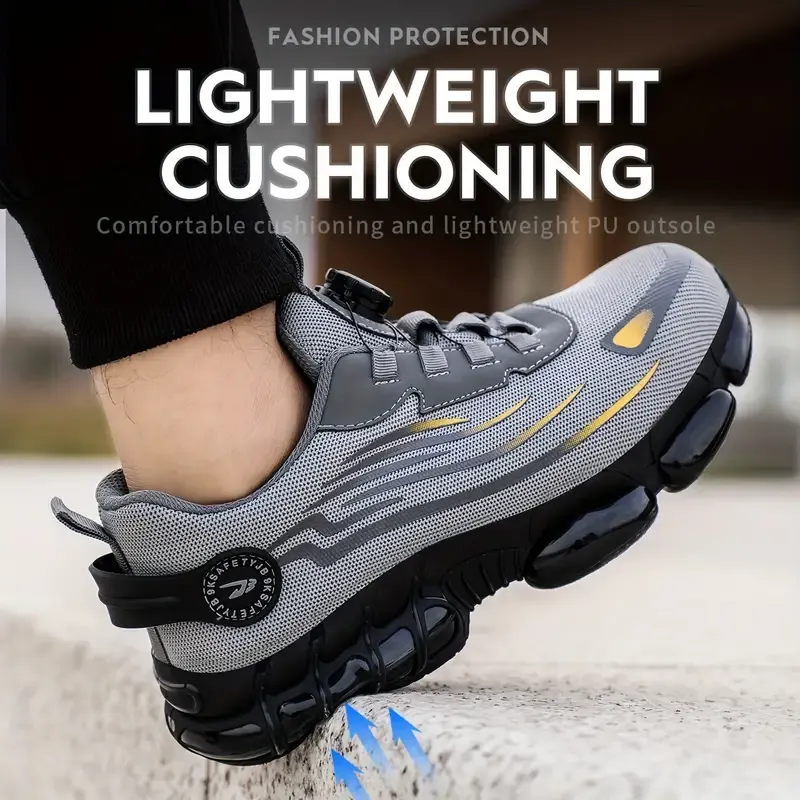 Breathable Men's Steel Toe Safety Shoes with Rotating Buckle, Comfy Non Slip Durable Work Footwear