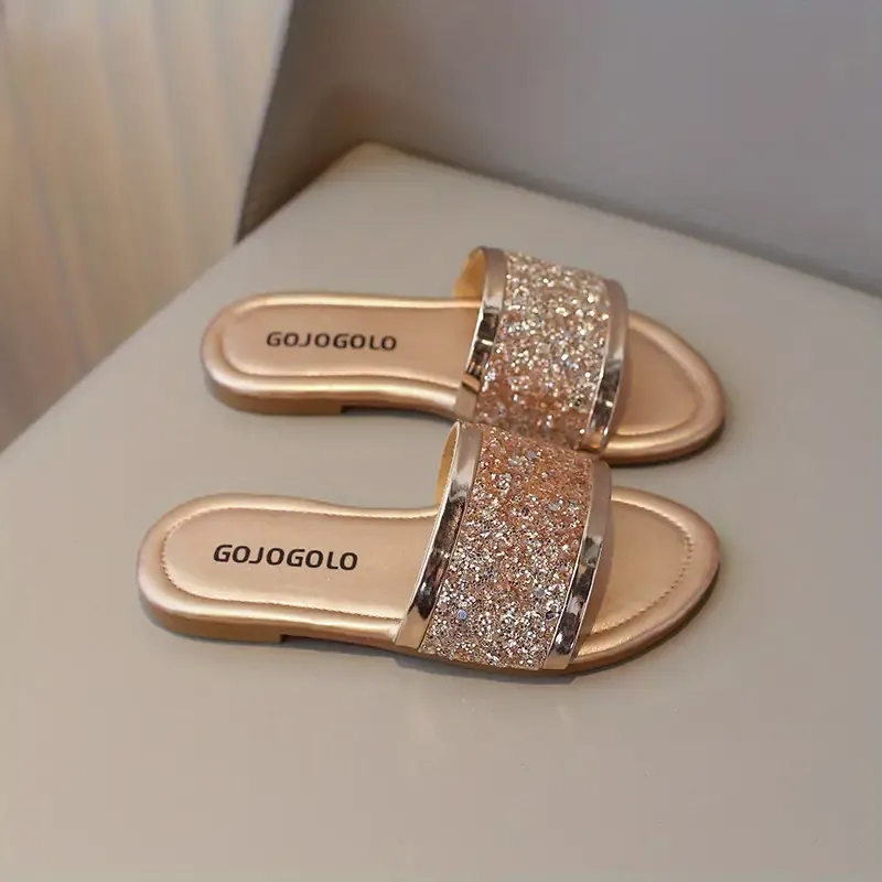 Girls' Sparkly Glitter Sandals, Casual Summer Flat Heel Slip-On Slippers, Simple Anti-Slip Rubber Sole Slide, Princess Shoes Beach Footwear For Kids
