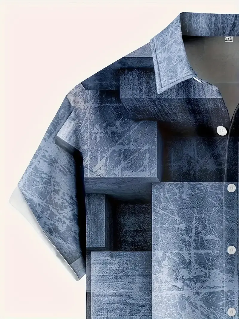 Men's Imitation Denim Patchworks Print Short Sleeve Shirt For Summer, Casual Comfy Shirt As Gift