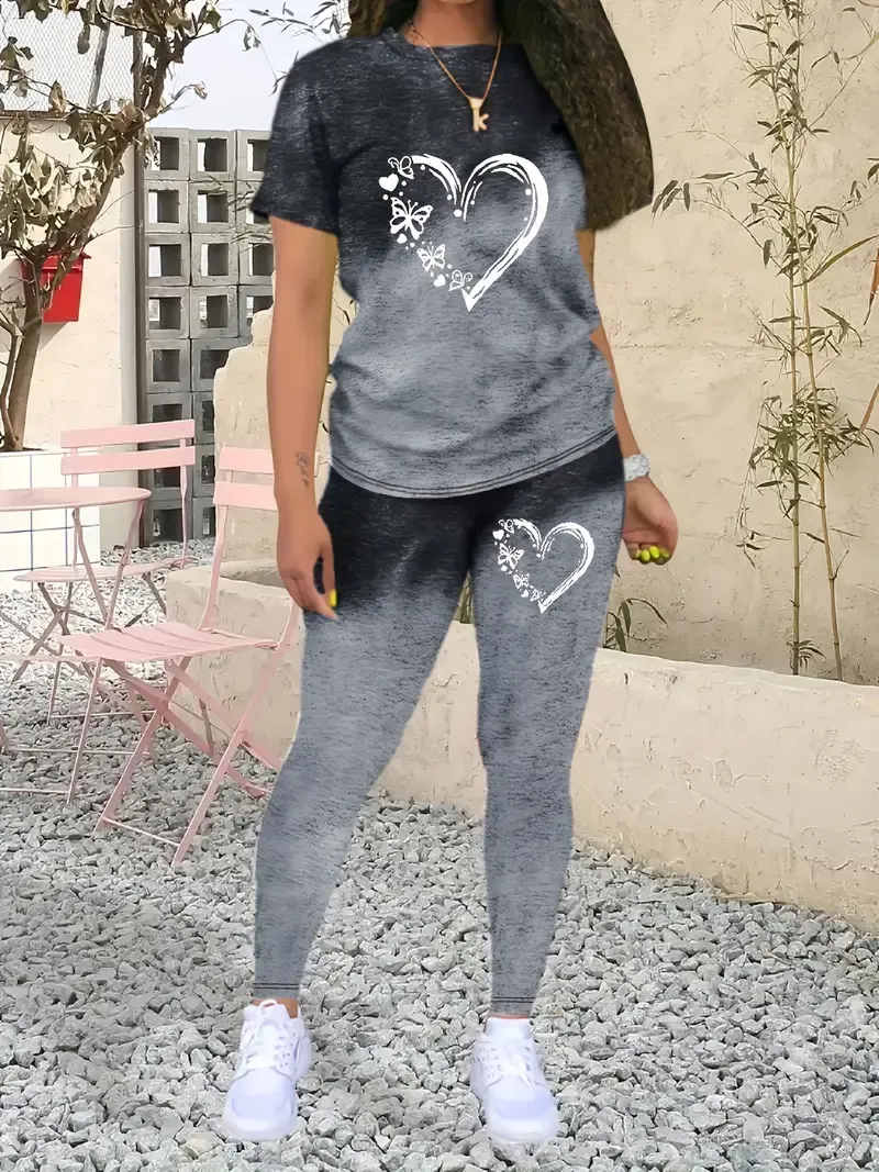 Casual Heart Print Two-piece, Crew Neck Short Sleeve T-shirt & Skinny Leggings Outfits, Women's Clothing