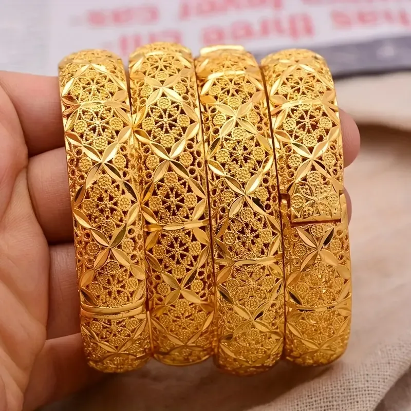 1pc 24K Gold Plated Ladies Open Bracelet Hand Jewelry Bride Luxury Ethnic Style Open Bangle Ladies Wedding Bracelet