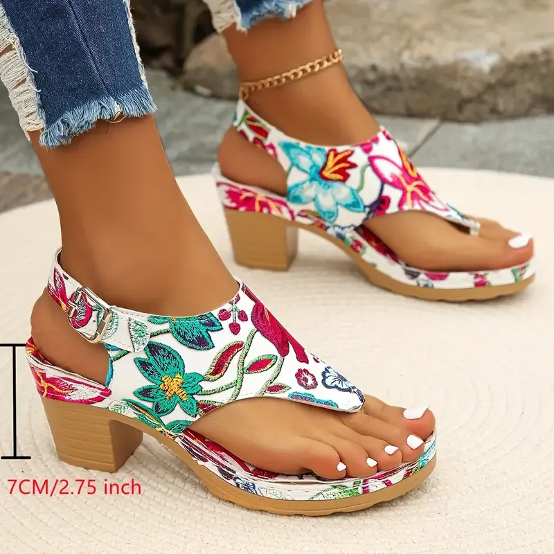 🔥🔥Hot Sale Promotion 🔥🔥-Women's Floral Print Thong Sandals,🔥🔥 Fashion Ankle Strap Slingback Block Heels, All-Match Going Out Clip Toe Shoes