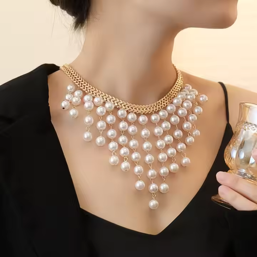 Fashion Multi layer long pearl beads tassel necklace