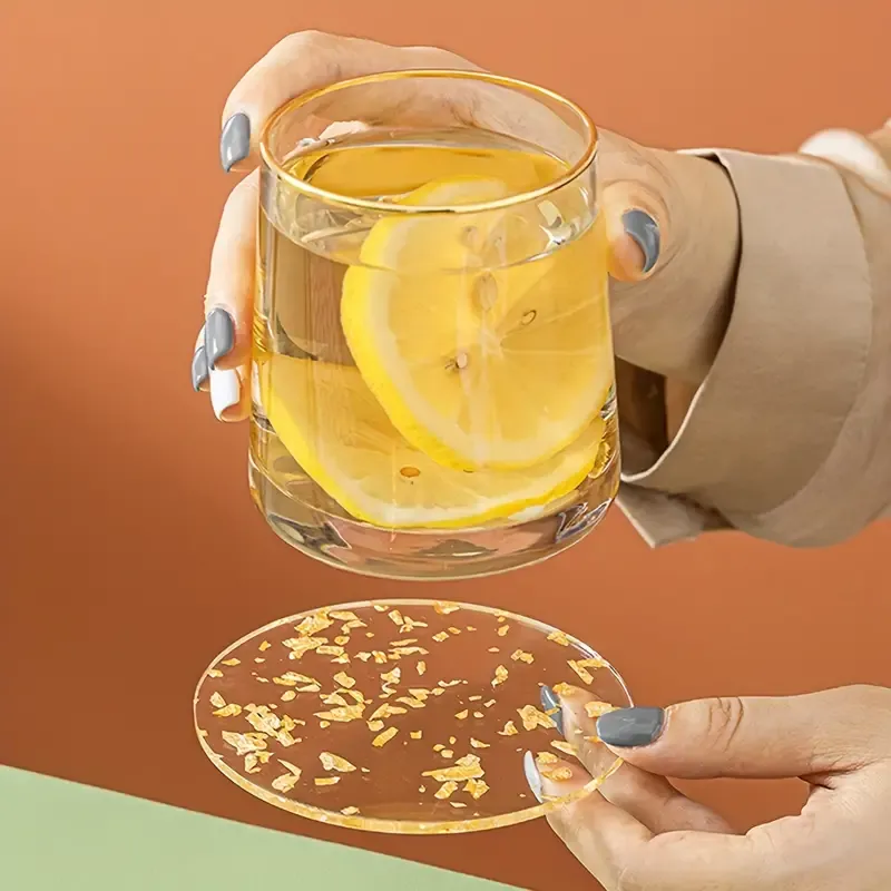 6pcs, Round Shaped Heat-Resistant Acrylic Coasters with Golden Foil Heat Insulation Tea Cup Mat for Tabletop Protection Home Decor