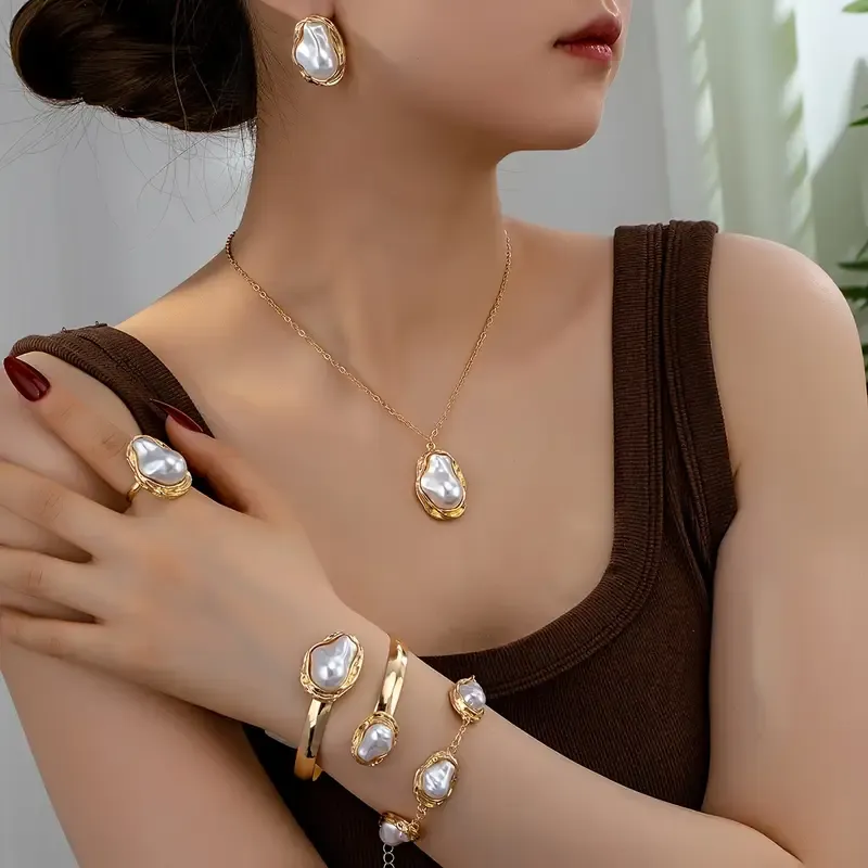 Fashion European and American Style Jewelry Set Irregular Imitation Pearl Necklace Earrings Bracelet Ring Bracelet Combination Jewelry Set Women's Romantic Jewelry Gift