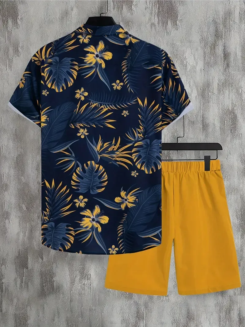Men's Outfit, Casual Leaves Print Lapel Short Sleeve Button Up Shirt With Chest Pocket & Shorts 2-piece co ord set For Outdoor Activities