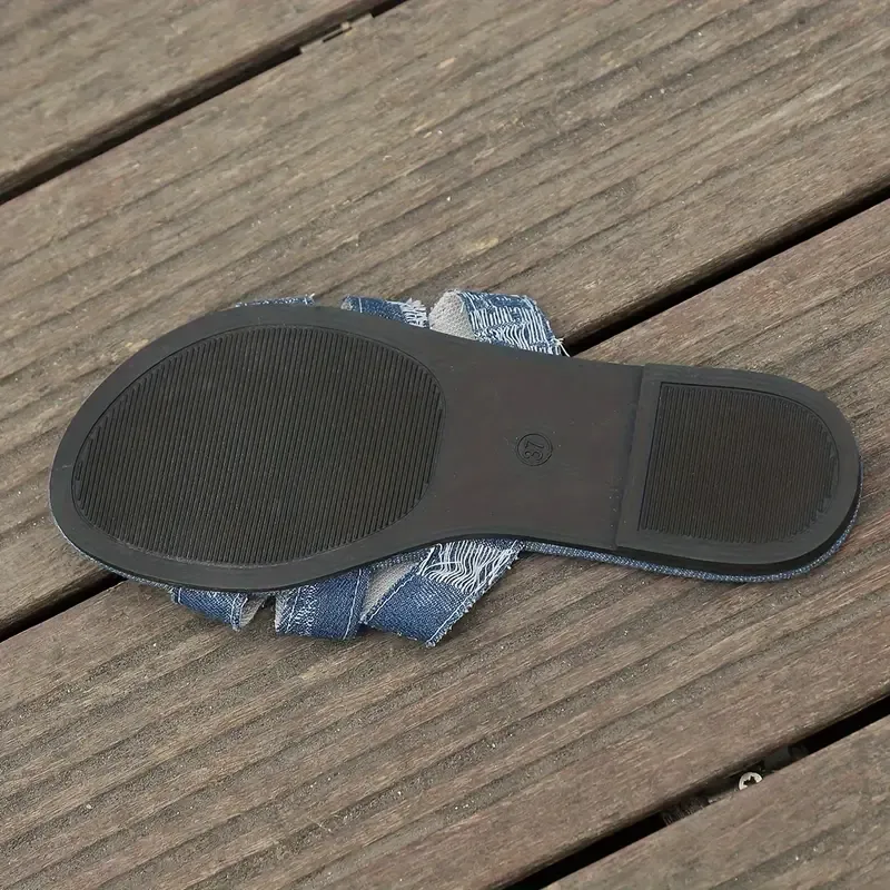 Women's Denim Flat Slides, Stylish Open Toe Summer Shoes, Casual Outdoor Beach Slides