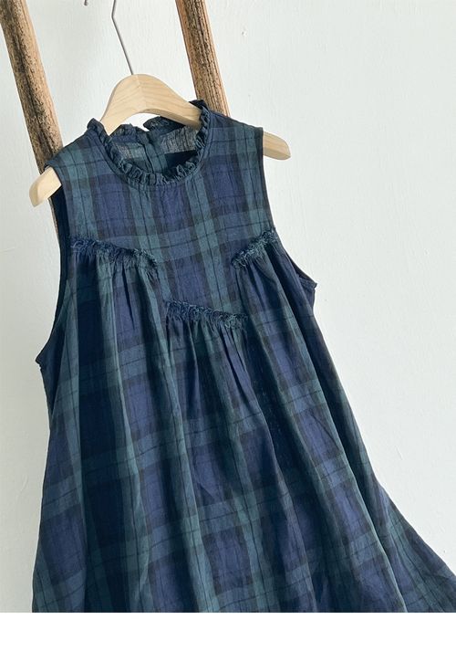 Cotton and linen oversized checkered blouse dress with wooden earflap patch on the front, sleeveless dress