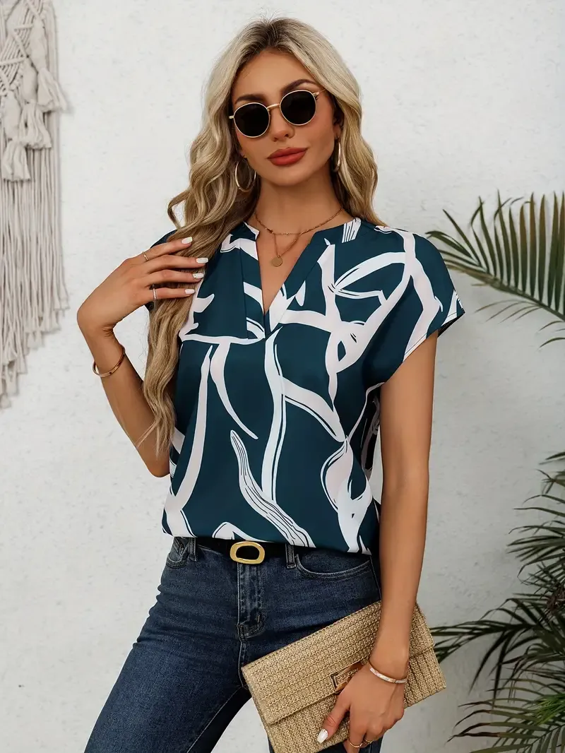 Graphic Print Notched Neck Blouse, Elegant Cap Sleeve Blouse For Spring & Summer, Women's Clothing