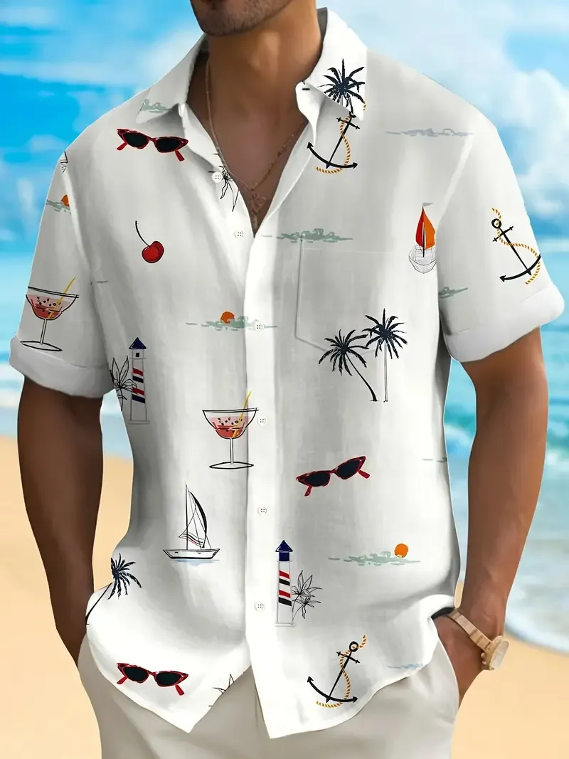 Men's Trendy Hawaiian Lapel Collar Graphic Shirt With Stylish Print For Summer Beach, Pool And Resort, Comfort Fit