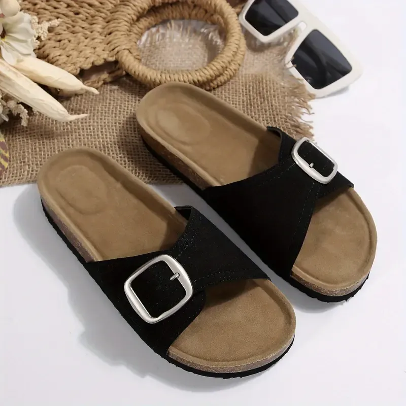 Women's Comfort Slide Sandals - Casual Open Toe, Flat Heel with Buckle Detail, Faux Cover, Rubber Sole