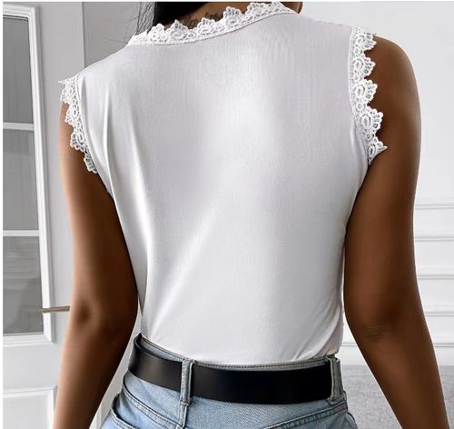 For  Summer, Elegant Floral Pattern Sleeveless Contrast Lace Crew Neck Tank Top, Women's Clothing with Solid Scallop Trim