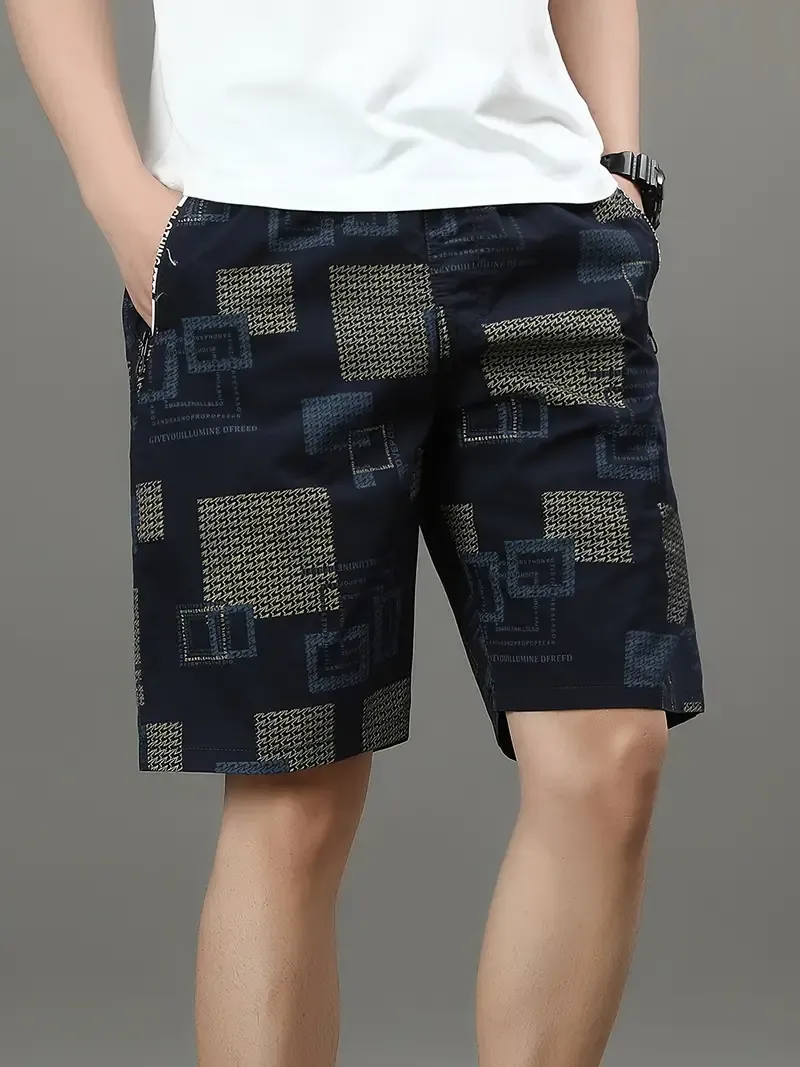 Men's 100% Cotton Geometric Graphic Print Shorts With Pockets, Stylish Shorts For Summer