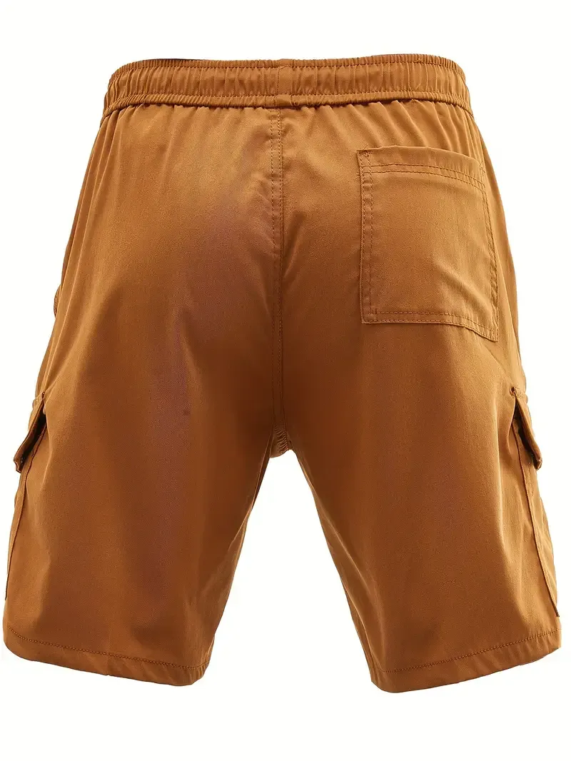 Casual Solid Men's Loose Fit Waist Drawstring Cargo Shorts With Side Pockets For Summer Outdoor Leisure And Work