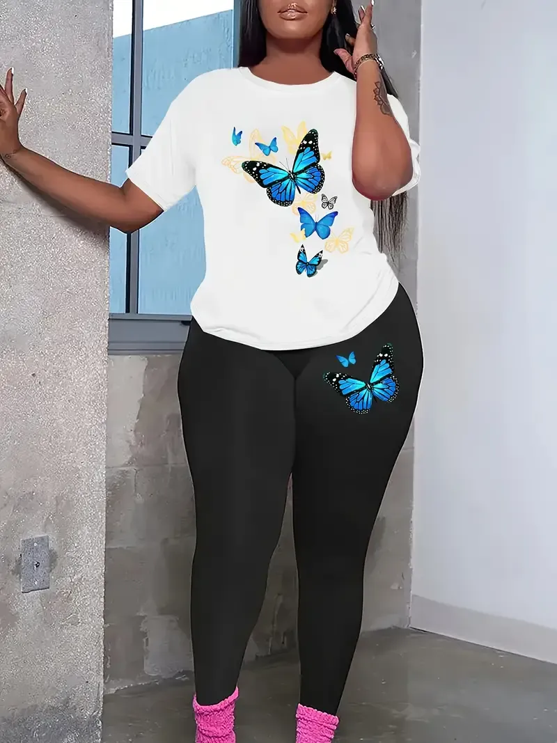Butterfly Print Summer & Spring Casual Two-piece Set, Crew Neck Short Sleeve T-shirt & Slim Pants Outfits, Women's Clothing