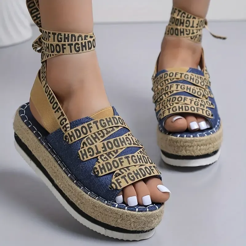 Women's Letter Print Platform Sandals, Casual Open Toe Summer Shoes, Comfortable Lace Up Sandals