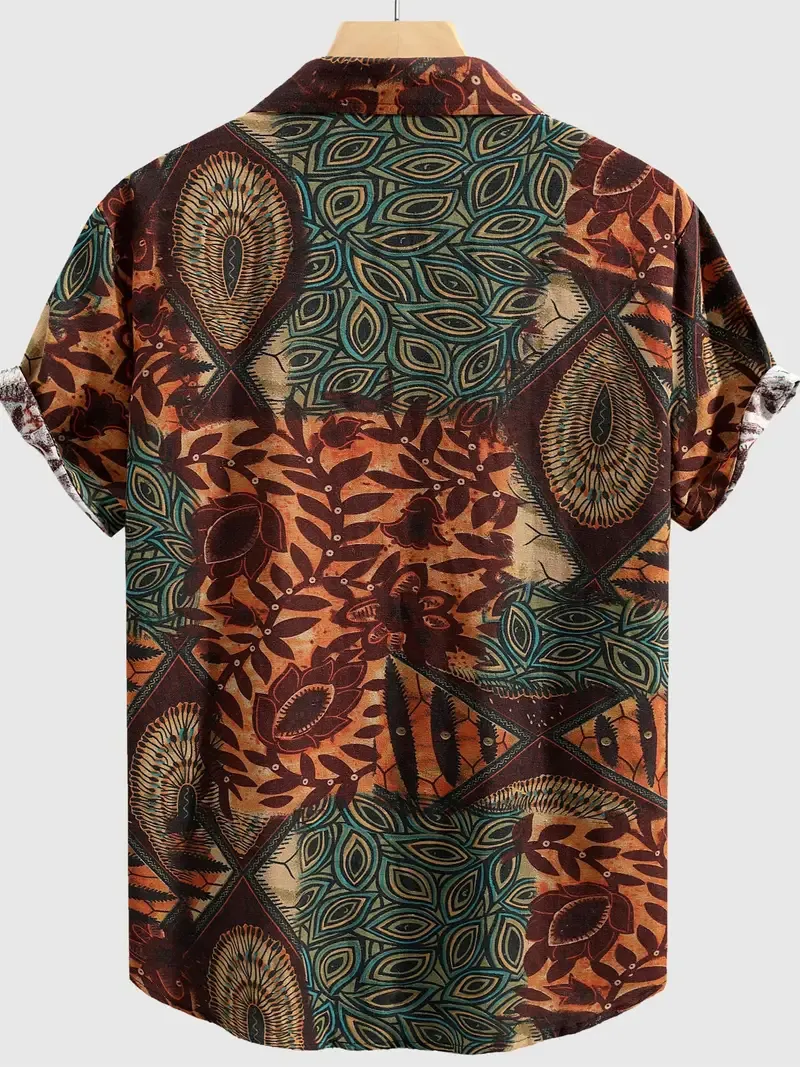 Men's Stylish Loose Cotton Blend Geometric Print Shirt, Casual Breathable Lapel Button Up Short Sleeve Shirt For Summer Outdoor Activities
