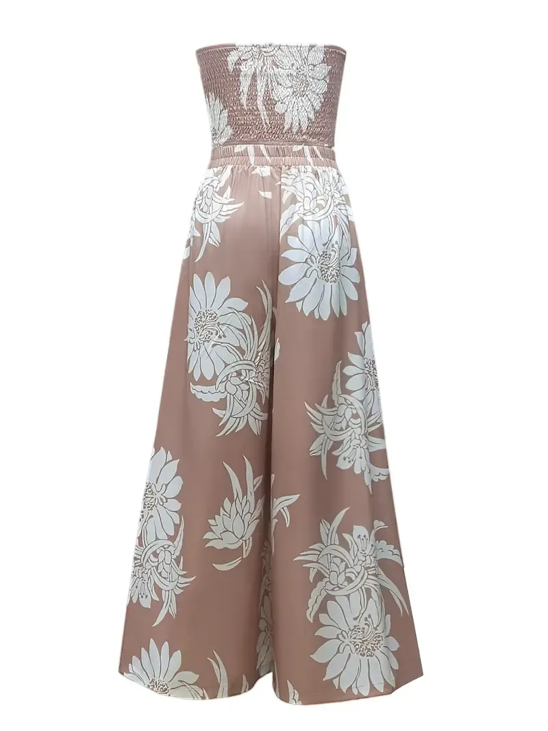 Two Piece Set, Tie Front Shirred Crop Tube Top & Elastic Waist Wide Leg Pants, Floral Print Vacation Outfits For Spring & Summer, Women's Clothing