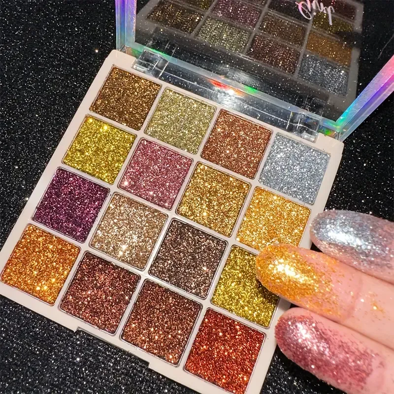 16-Color Glitter Eyeshadow Palette, High Pigment Golden Orange Sparkly Shimmer, Perfect For Stage, Party Makeup, Multi-Purpose For Eye, Lip & Face, Fashion Makeup For Music Festival