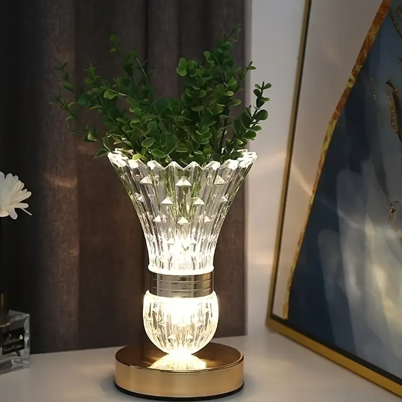 Dimmable Crystal Vase Decorative Lamp with 3-Color Mode, LED Lights, USB Charged, Rechargeable Lithium Battery, Touch-Controlled Bedside Table Light with PP Material, Multi-Functional Home Decor Accent (1pc)