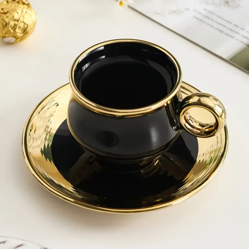 Black Ceramic Coffee Cup and Saucer Set