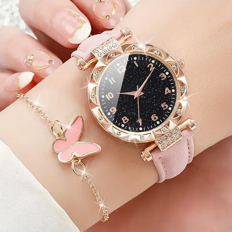 6 Piece Diamond British Watch Butterfly Jewelry Set for Women
