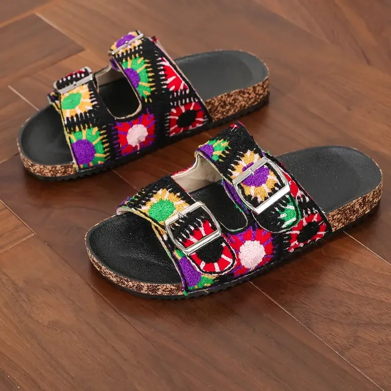 🔥🔥Hot Sale Promotion -Women's Colorful Slide Sandals, Casual Open Toe Flat Summer Shoes, Lightweight Double Buckle Strap Design Slide Sandals