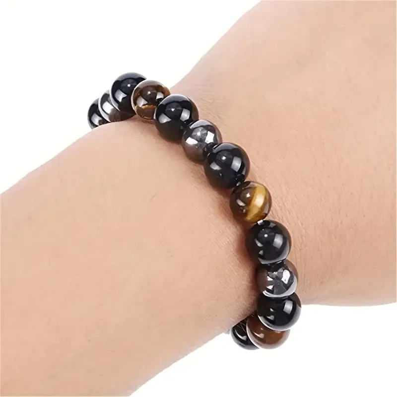 1pc Men's Vogue Magnetic Hematite Tiger Eye Stone Obsidian Bracelet, Women Men's Triple Protection Stainless Steel Bracelet, Father's Day Gift
