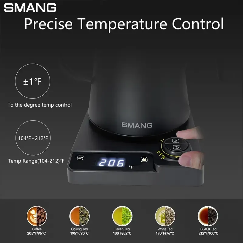 Smang Electric Gooseneck Kettle 1000ml - Adjustable 104°F-212°F Temperature Control, Fast Boiling 1200W Power, Stainless Steel, Anti-Dry Burn, Precision Pouring, Built-in Timer, Constant Temperature, UK Plug