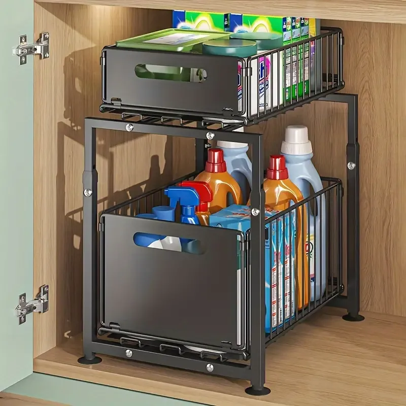 2-Tier Under Sink Organizer with Pull-Out Metal Drawers, Iron Cabinet Storage for Kitchen & Bathroom, Adjustable Height, Black