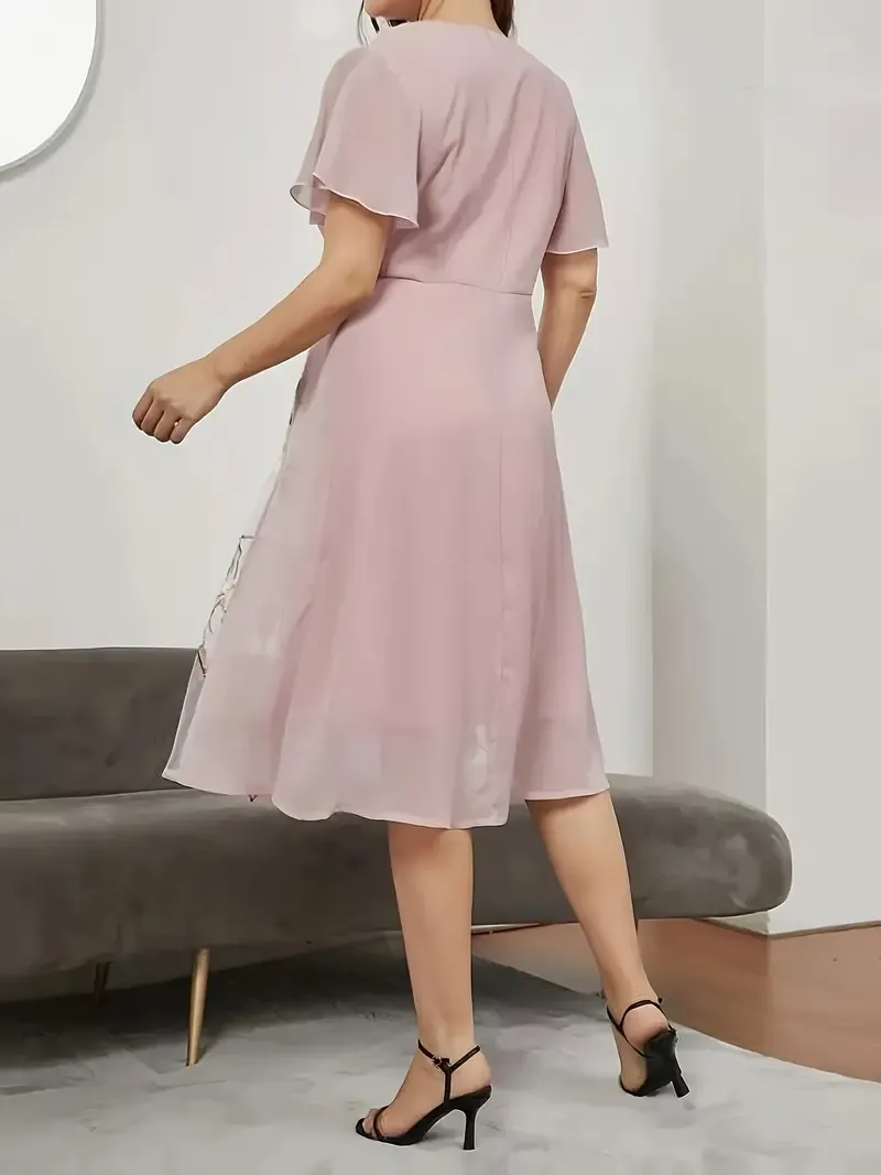 Floral Pattern High Waist Dress, Elegant Surplice Neck Flutter Sleeve Dress, Women's Clothing For Elegant Dressing
