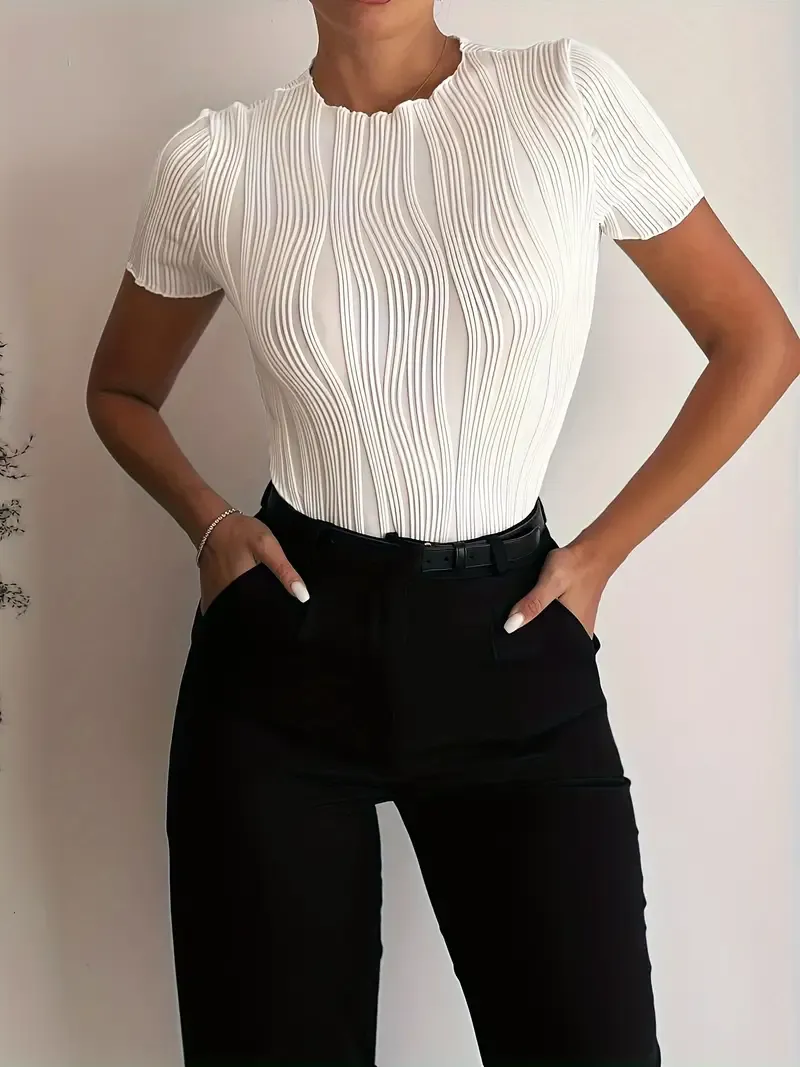 Solid Crew Neck Textured T-Shirt, Casual Short Sleeve T-Shirt For Spring & Summer, Women's Clothing