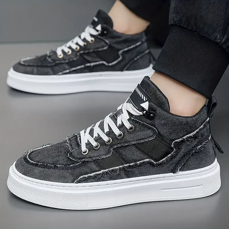 Men's High-Top Canvas Sneakers - Breathable Denim, Casual Sneakers with Lace-Up Closure for All Seasons