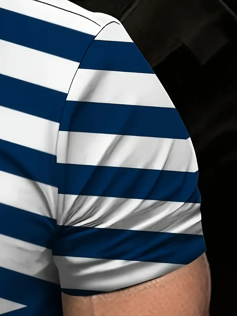 Men's Fashion Blue And White Striped Digital Print Golf Shirt, Short Sleeve Lapel Tennis Tees, Casual Comfortable Versatile Tops For Summer Outdoor Sports