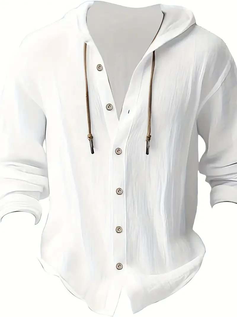 Chic Design Men's Solid Color Hooded Long Sleeve Button Up Coat Shirt, Casual And Trendy Pure Cotton Hoodie Jacket For Spring And Autumn Daily And Outdoors Leisurewear