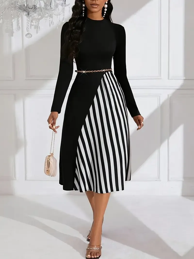 Long Sleeve Striped Print Crew Neck A-line Dress, Elegant Asymmetric,Women's Clothing