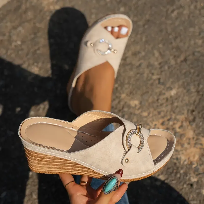 Women's Solid Color Platform Sandals, Buckle Decor Casual Slip On Wedge Slides, Non-slip Summer Slides