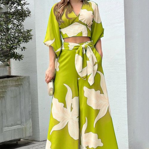 Women's V-neck lantern sleeve short top high waist wide leg pants fashion casual suit