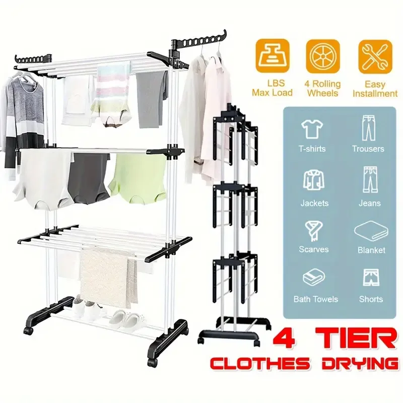 3 Tier Foldable Clothes Drying Rack Airer Folding Hanger Multi-Functional Stand