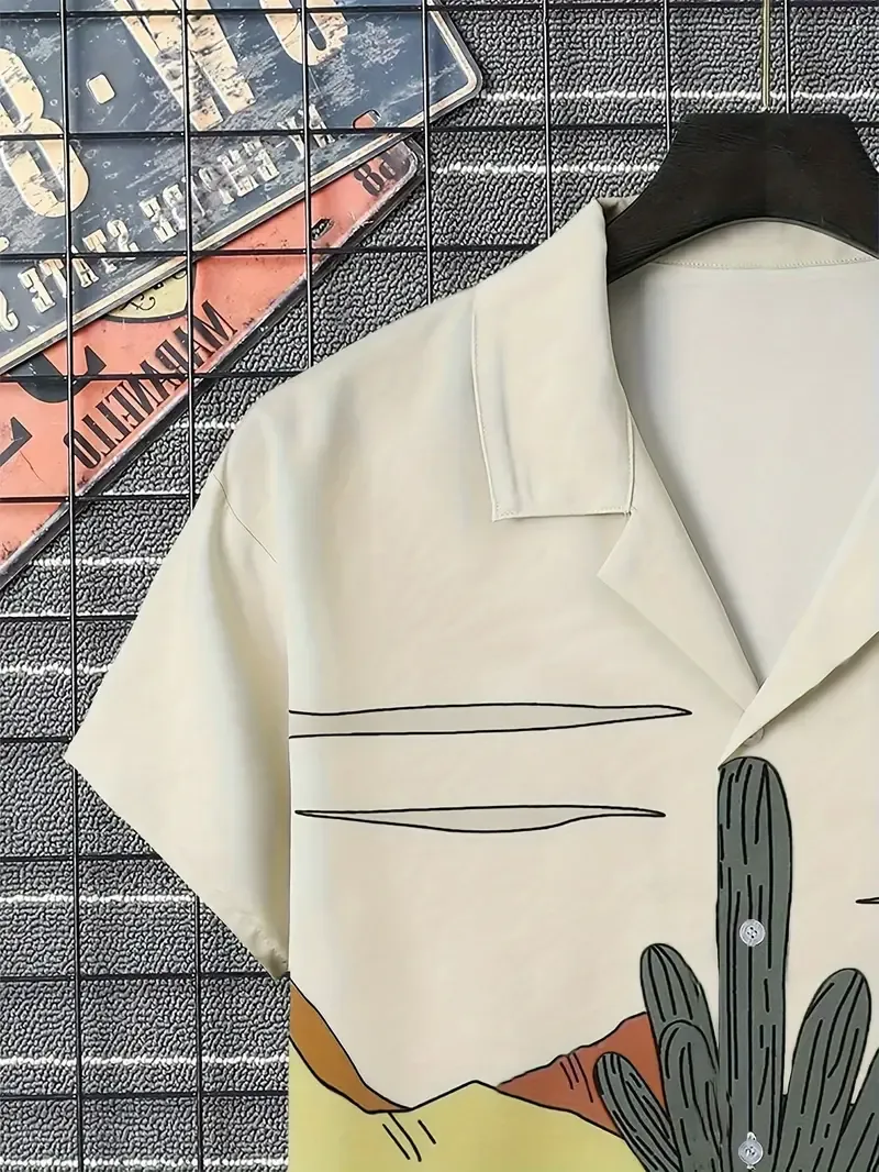 Men's Sunset & Cactus Print Short Sleeve Shirt For Summer, Casual Comfy Shirt As Gift