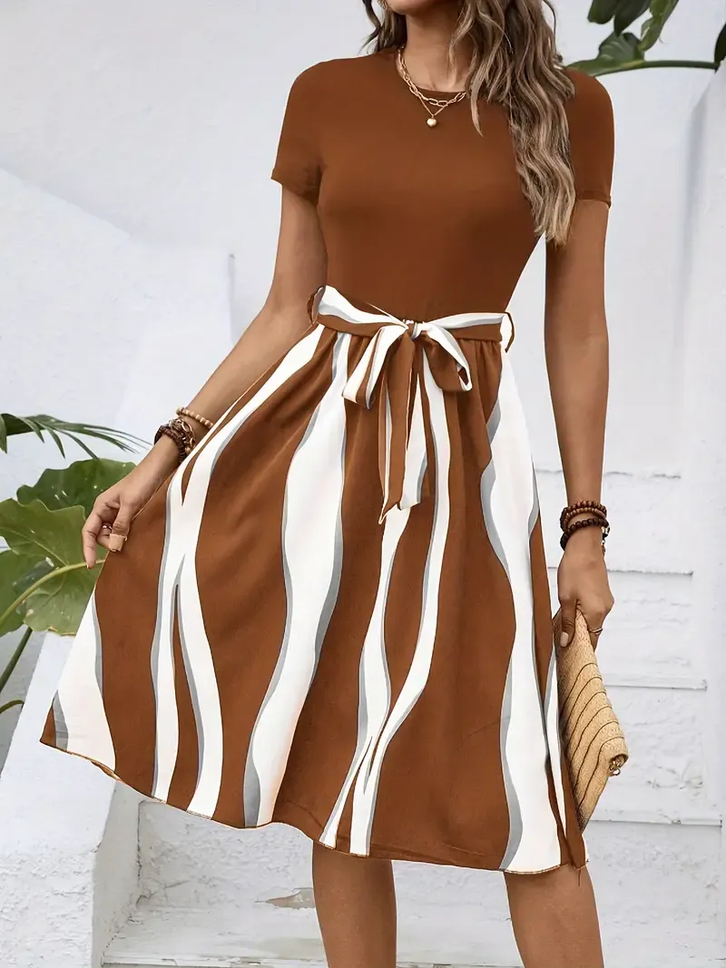 Striped Print Tie Waist Splicing Dress, Versatile Short Sleeve Dress For Spring & Summer, Women's Clothing For Elegant Dressing
